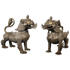 Antique Fine Pair of Late 19th-Early 20th Century Chinese Iron Foo Dog Dragons