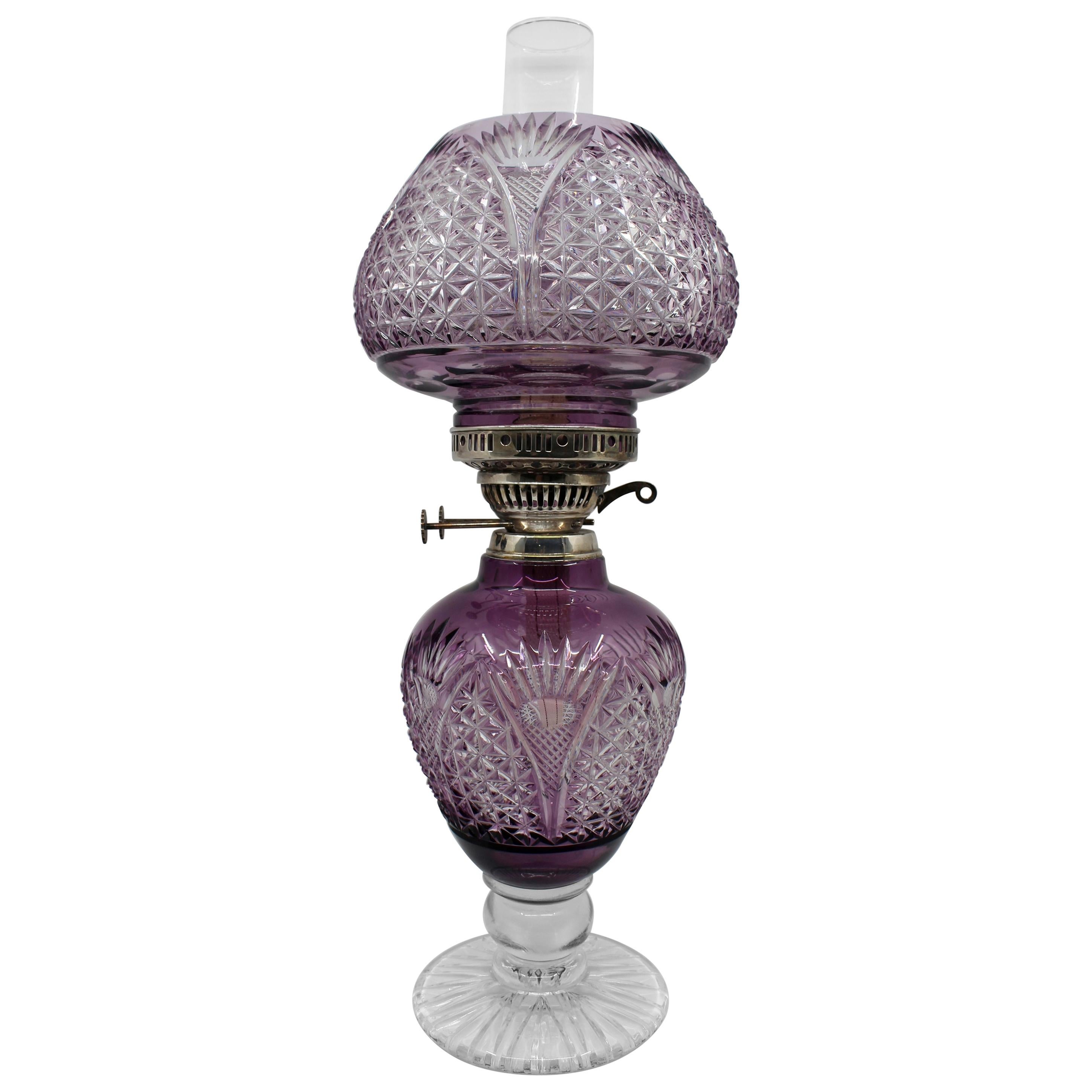 Very Fine English Cut Glass Amethyst Overlay Crystal Oil Lamp For Sale