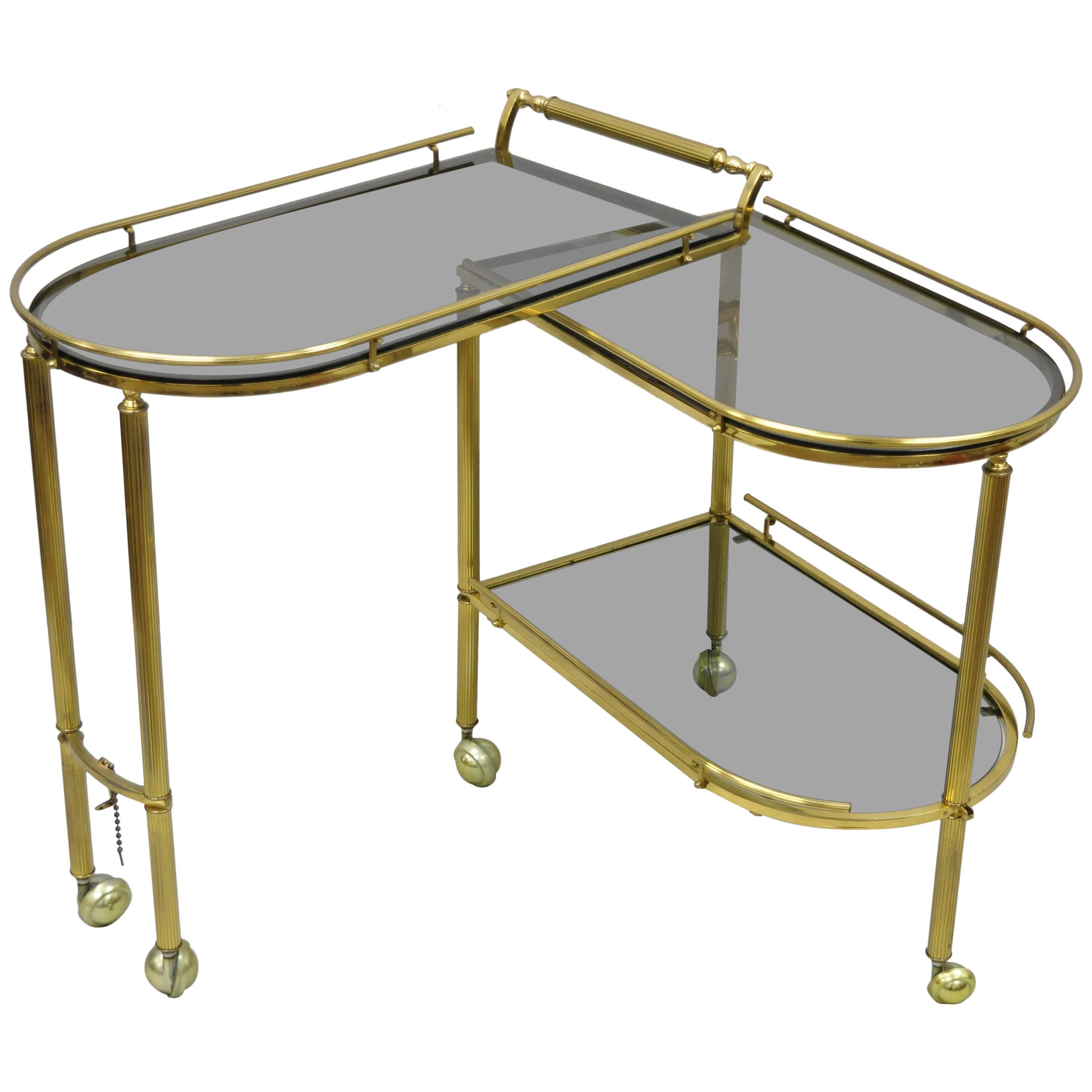 Brass Italian Hollywood Regency Swivel Rolling Bar Cart Server with Smoked Glass