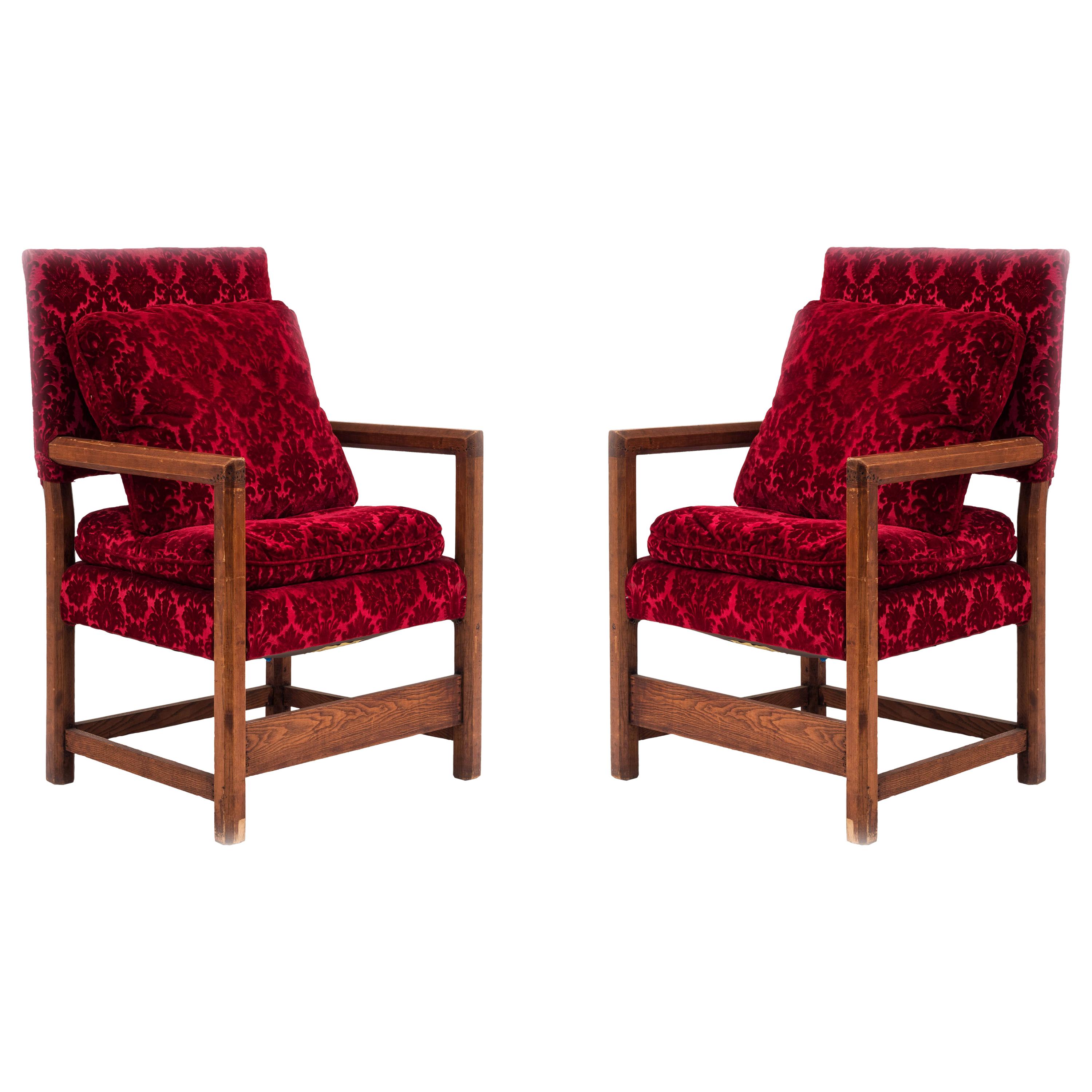 Pair of English Renaissance Oak and Red Velvet Armchairs