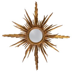 Unusual Early 20th Century Spanish Giltwood Small Starburst Sunburst Mirror