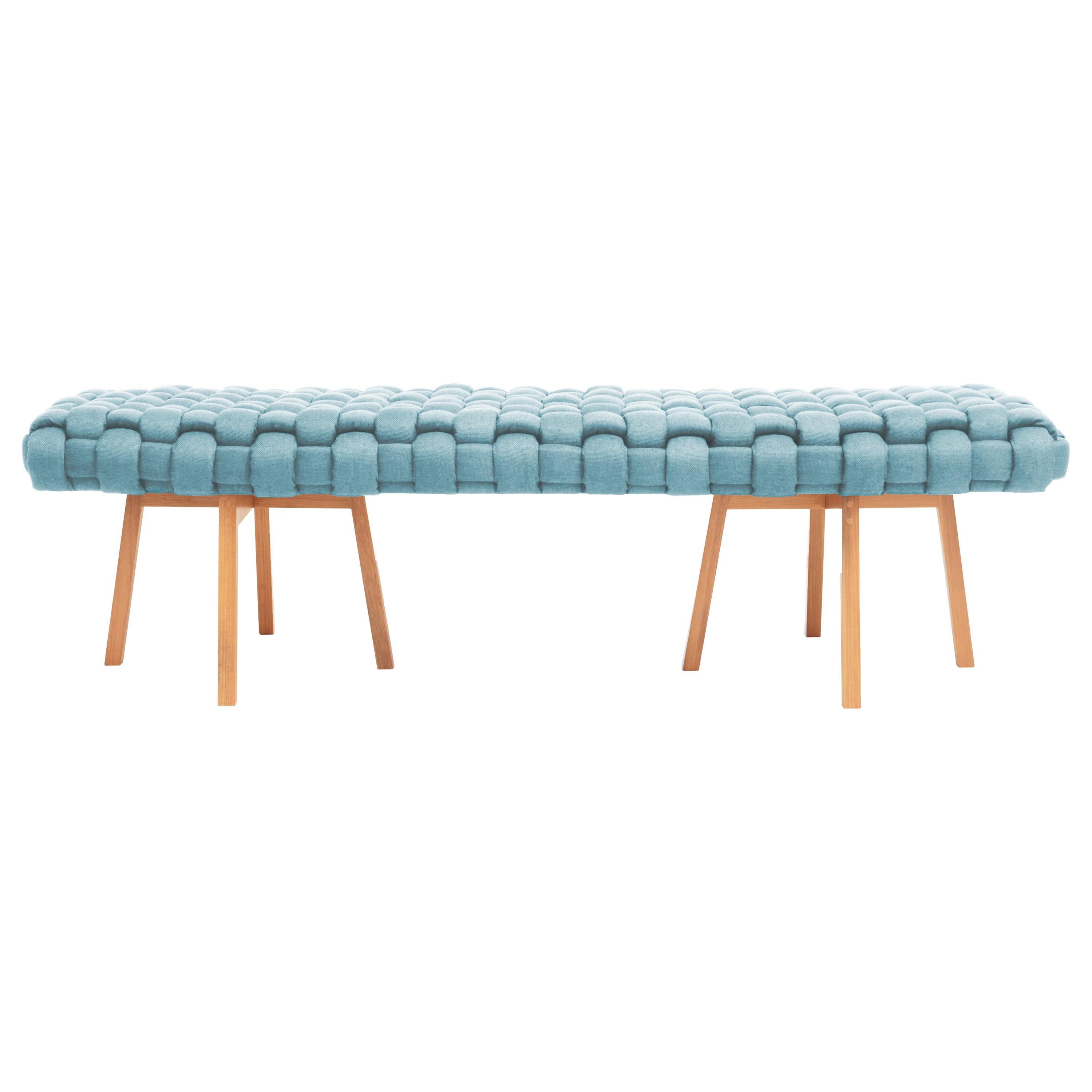 Contemporary Wood Bench, Handwoven Upholstery, the "Trama", Blue For Sale