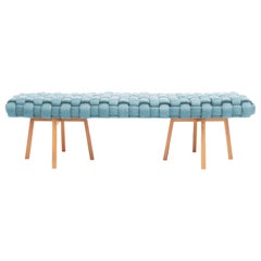 Vintage Contemporary Wood Bench, Handwoven Upholstery, the "Trama", Blue