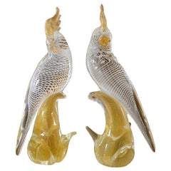 Large Pair of Seguso Murano Glass Cockatoo in Clear, White and Gold Inclusions