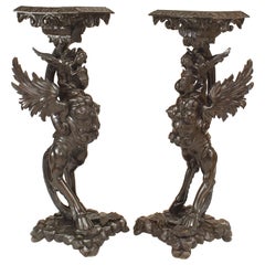 Pair of Italian Walnut Winged Griffin Pedestals