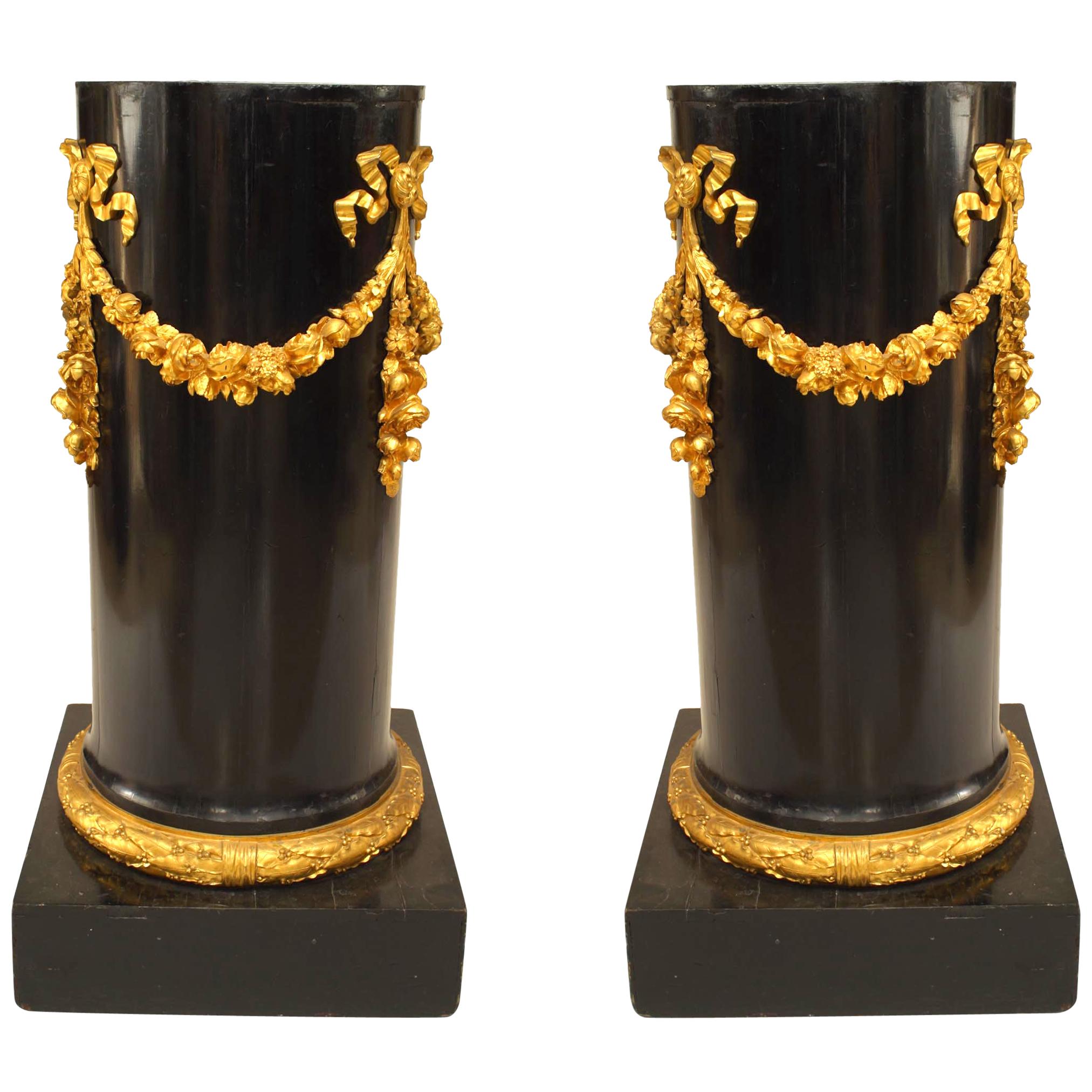 Pair of French Empire Black Lacquer Pedestals