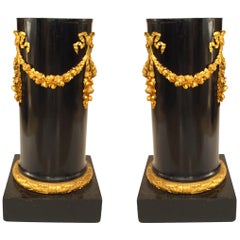 Pair of French Empire Black Lacquer Pedestals