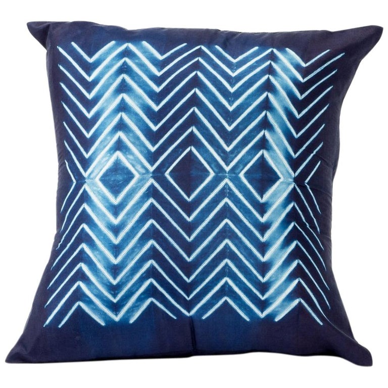 NAAMI Color Block Shibori Silk Pillow in Indigo For Sale
