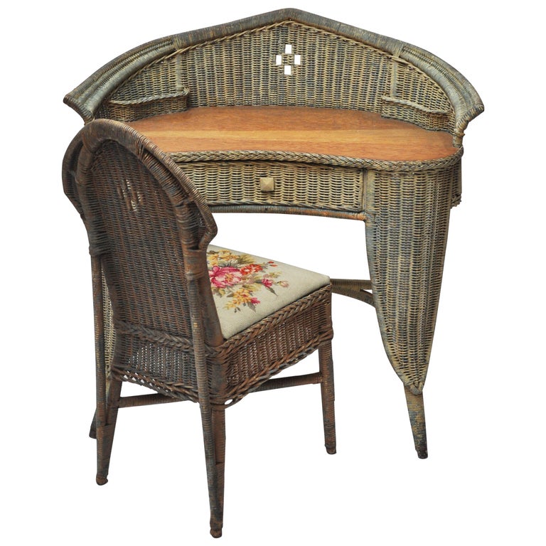 Wicker And Rattan Secretary Writing Desk With Matching Chair For