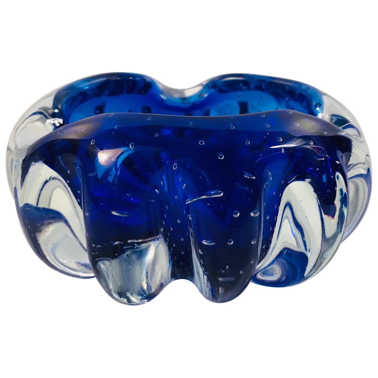 Blue Sommerso Murano Glass Ashtray with Air Bubbles, 1960s