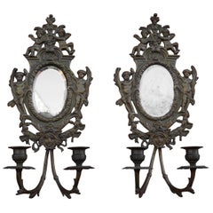 Antique Pair of Bronze Wall Sconce Candelabras w. Mirrors, Angels & Medusa Masks