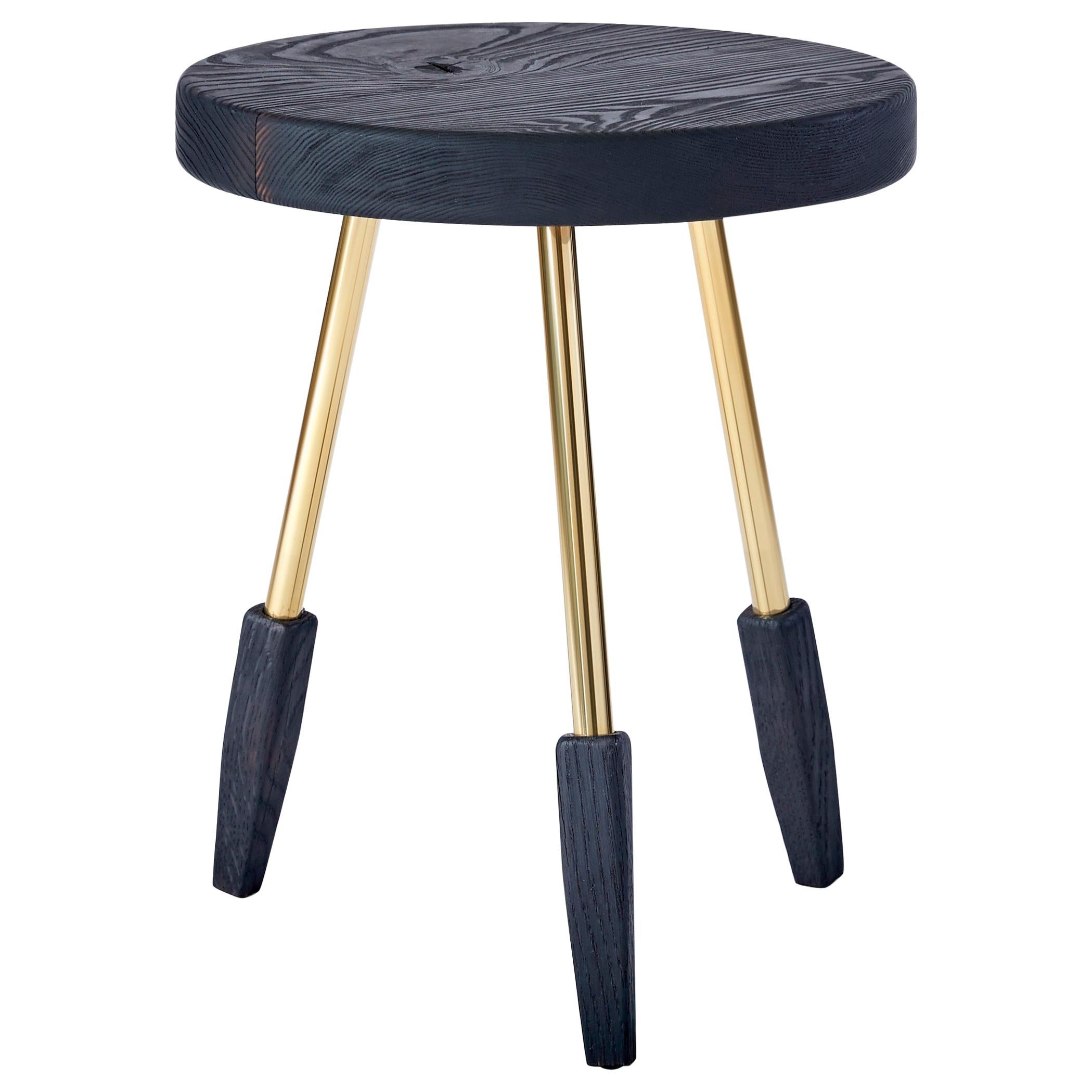 Charred Ash Milking Stool with Brass Legs by Casey McCafferty For Sale