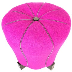 Art Deco Magenta Jindrich Halabala Pouf Stool, Sheep Wool, 1930s, Czech