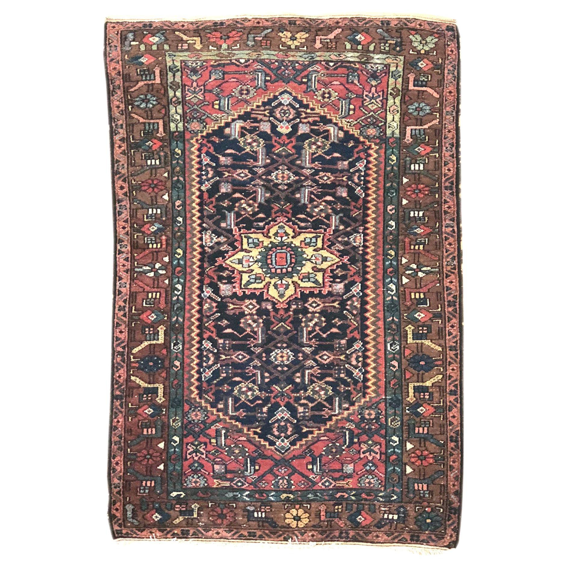 Persian Hand Knotted Antique Blue Mauve Hamadan Tribal Rug, circa 1930 For Sale