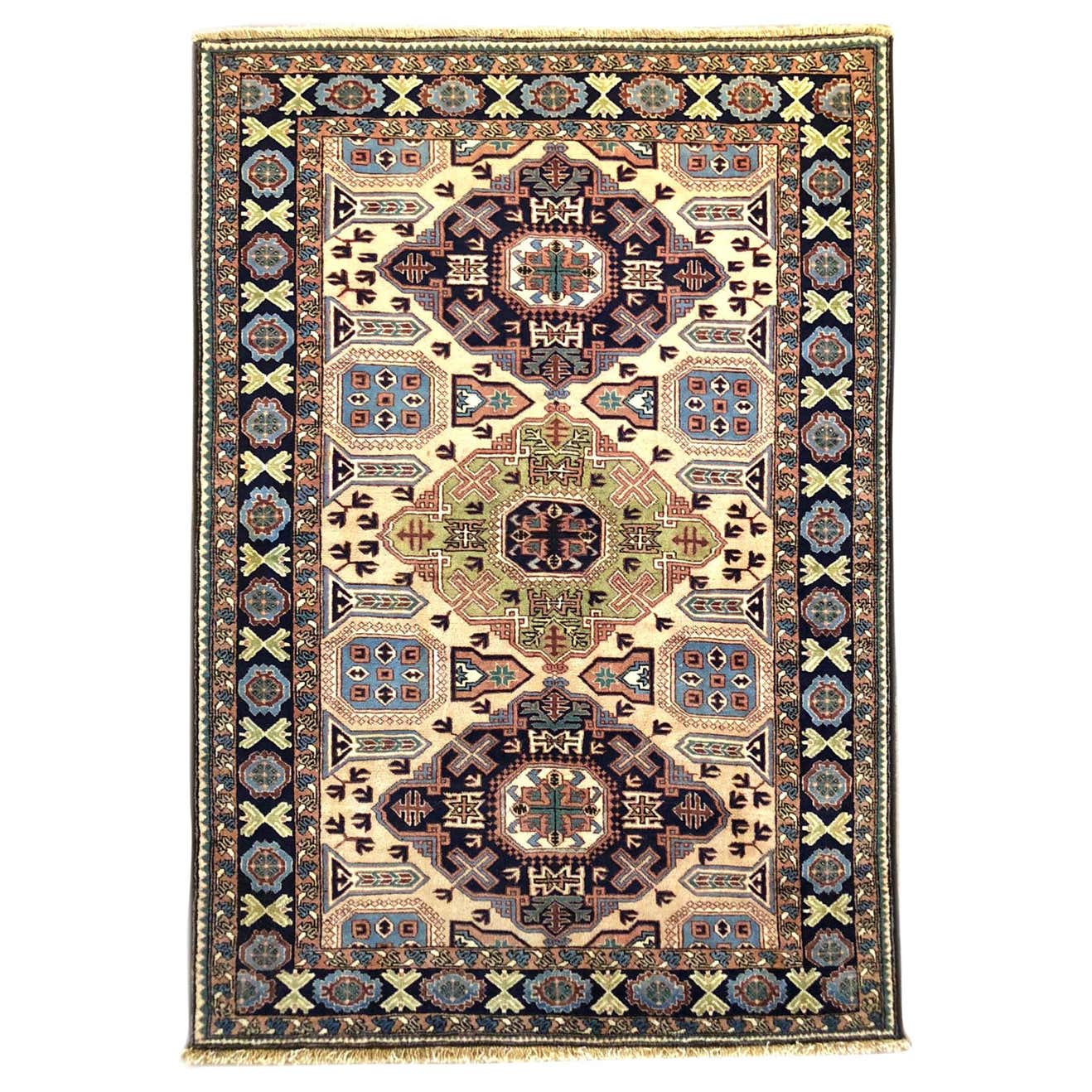 Persian Hand Knotted Blue Cream Geometric Ardabil Rug, circa 1960 at ...