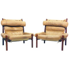 Two "Inca" Lounge Safari Chairs in Leather by Arne Norell