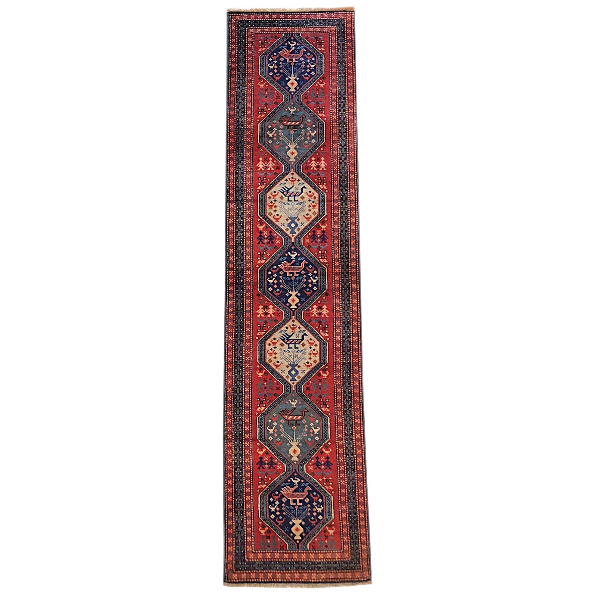 Persian Hand Knotted Ardabil Tribal Salmon Blue Runner, circa 1960