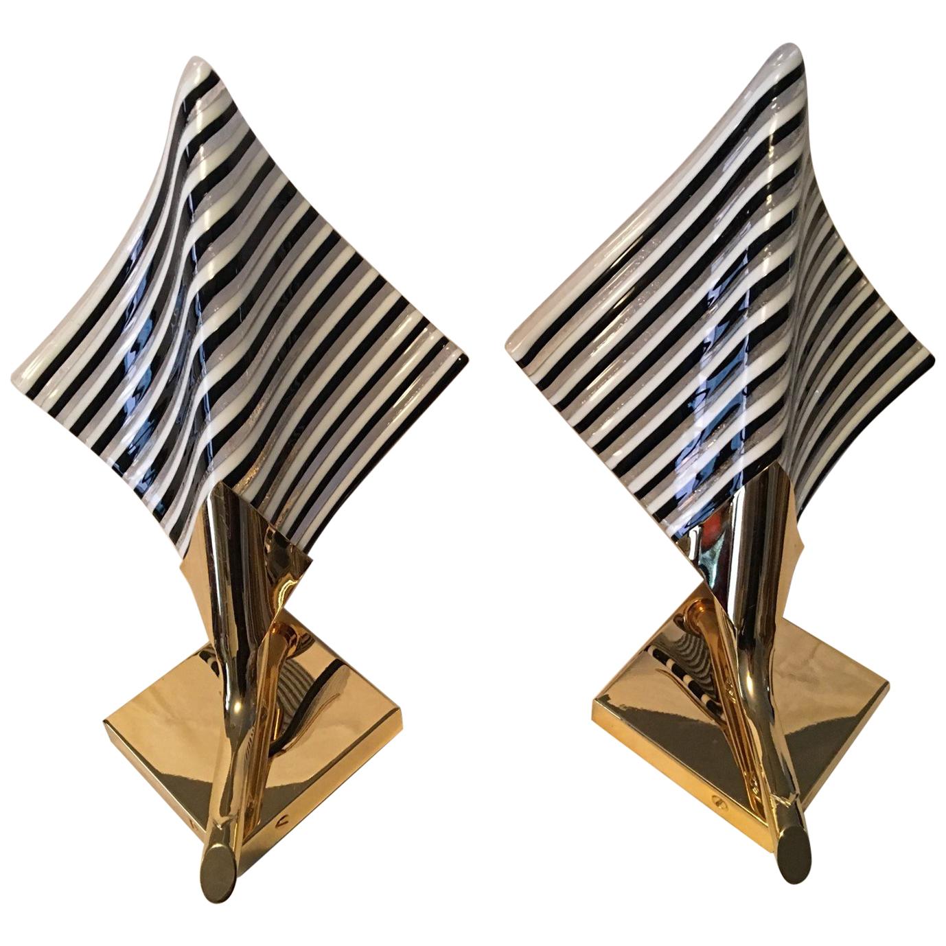 Set of Gilten Metal and Striped Glass Sconces Murano Style For Sale