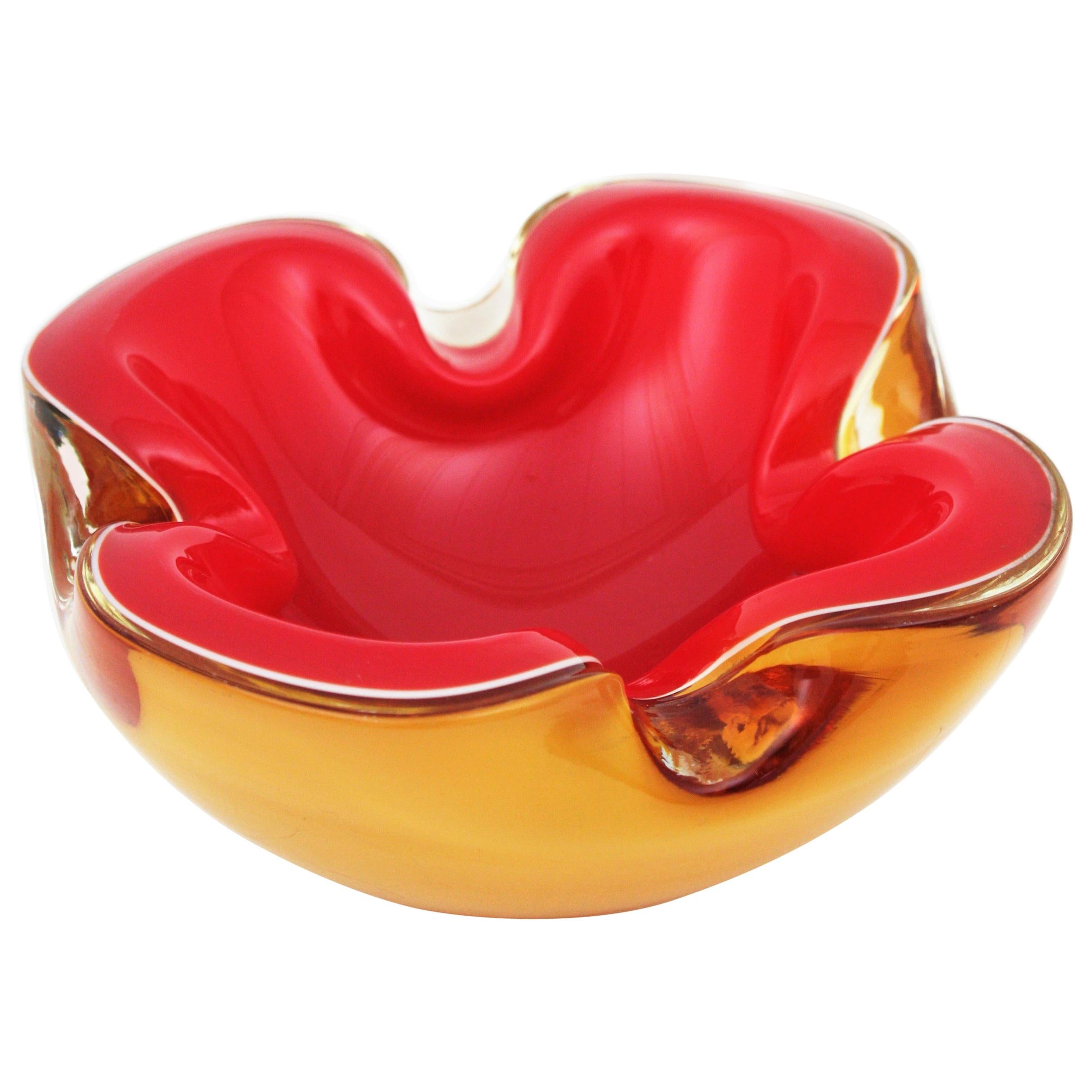 Mid-Century Modern Italian Red and Amber Sommerso Murano Glass Bowl or Ashtray