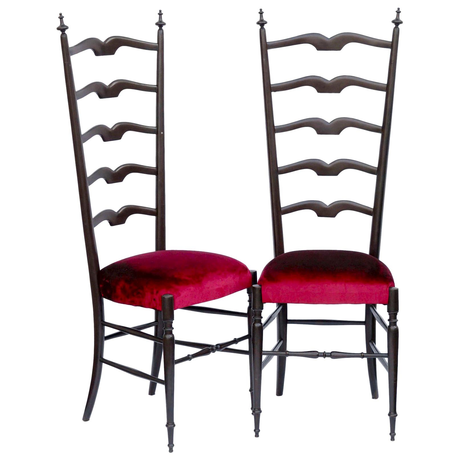 Paolo Buffa, Pair of Chiavari Hall Side Chairs, Restored, French Polish, Velvet
