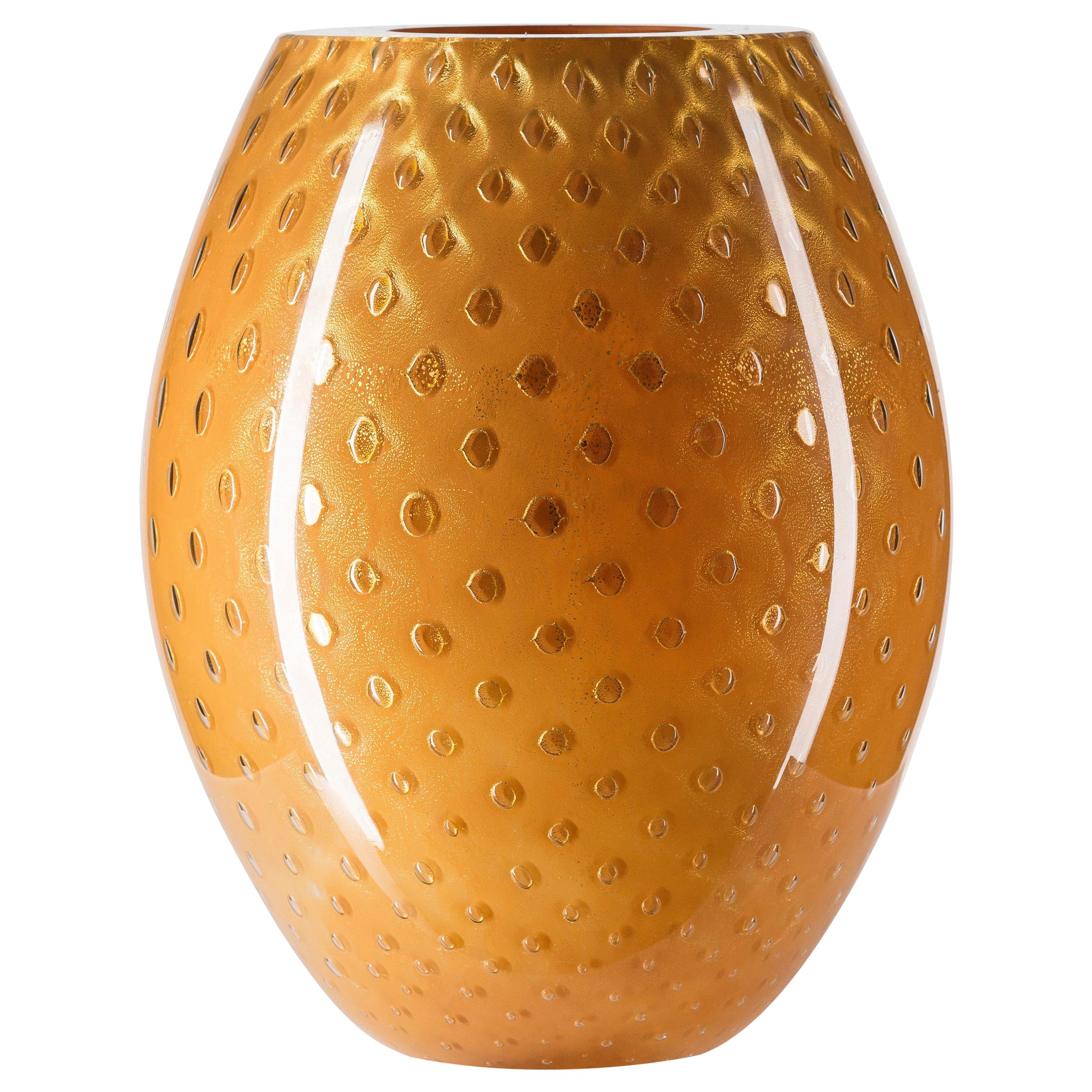 Oval Vase Mocenigo, Muranese Glass, Gold 24-Karat and Orange, Italy