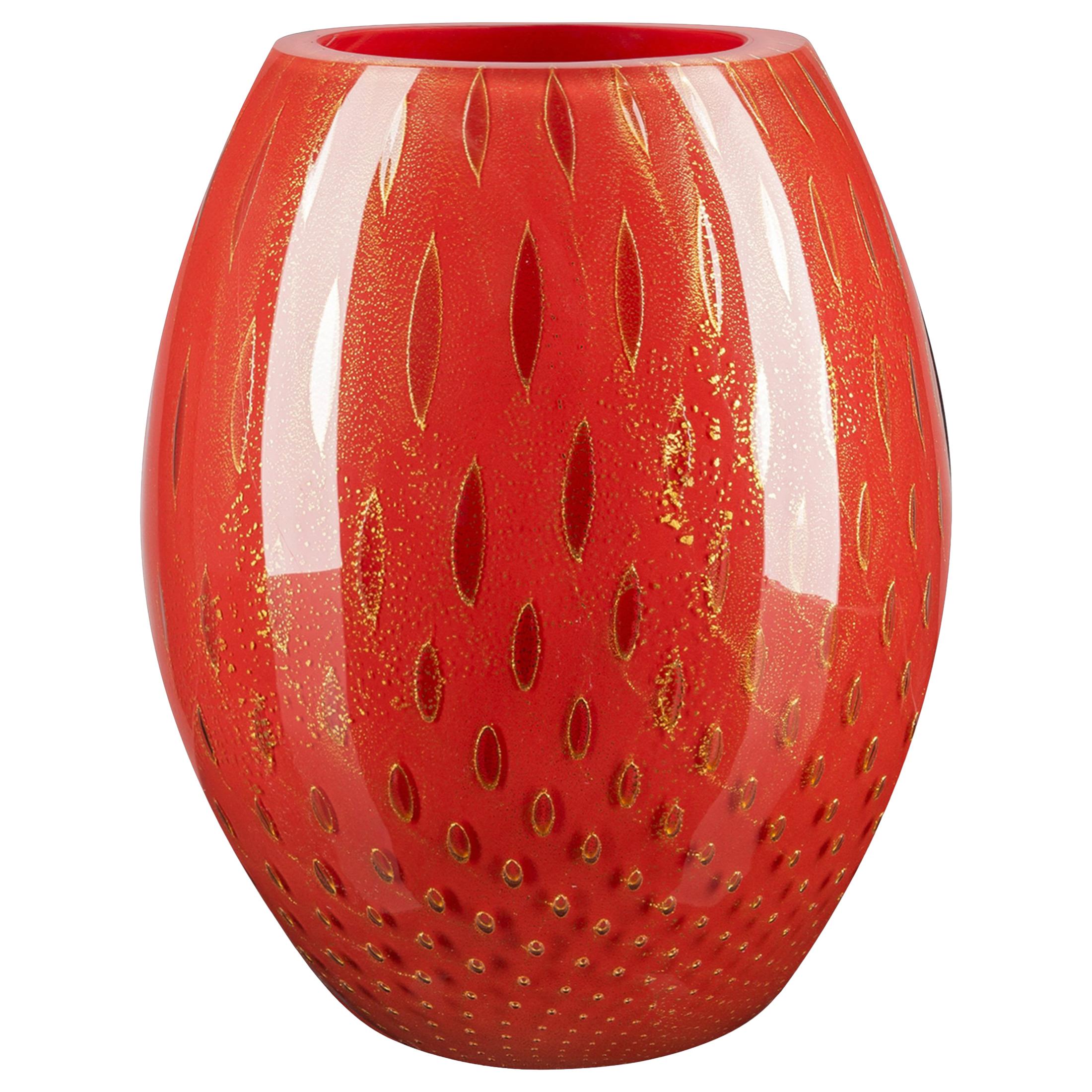 Oval Vase Mocenigo, Muranese Glass, Gold 24-Karat and Red, Italy For Sale