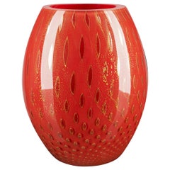 Oval Vase Mocenigo, Muranese Glass, Gold 24-Karat and Red, Italy