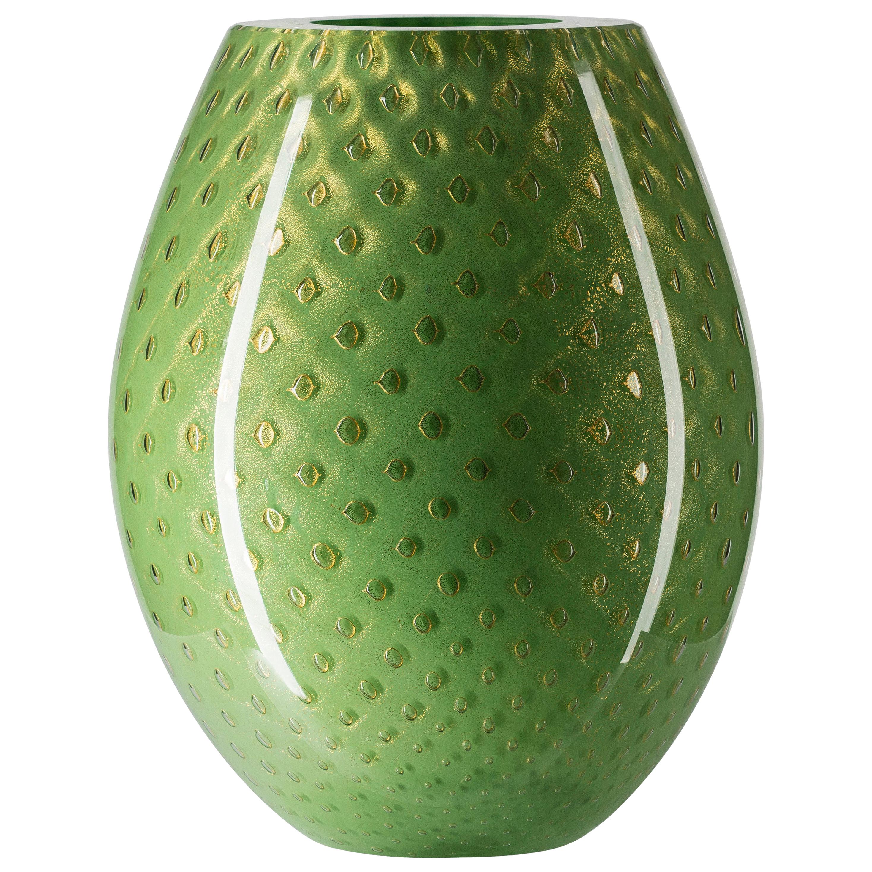 Oval Vase Mocenigo, Muranese Glass, Gold 24-Karat and Light Green, Italy For Sale