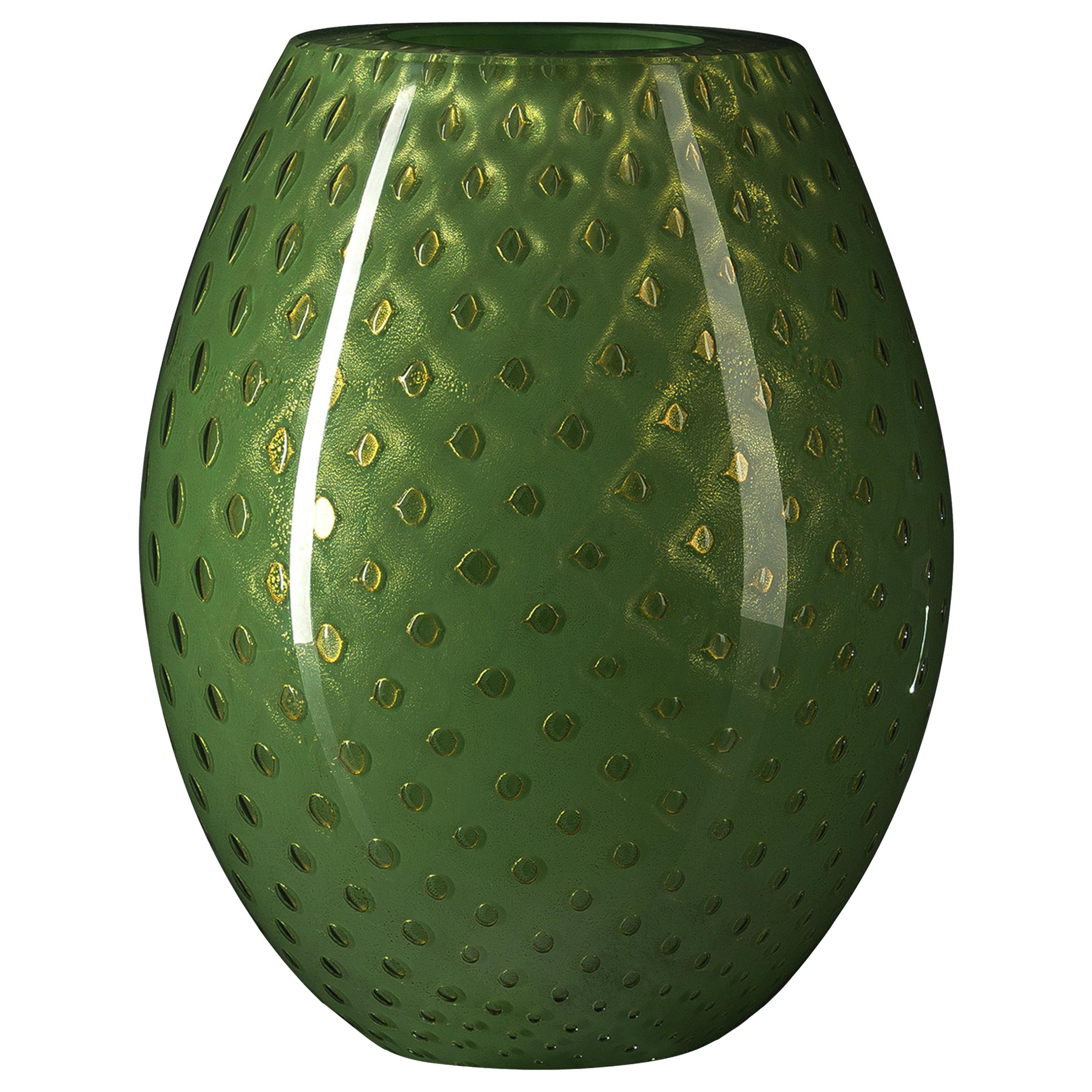 Vase ovale Mocenigo, verre de Murano, or 24 carats et vert foncé, Italie en vente