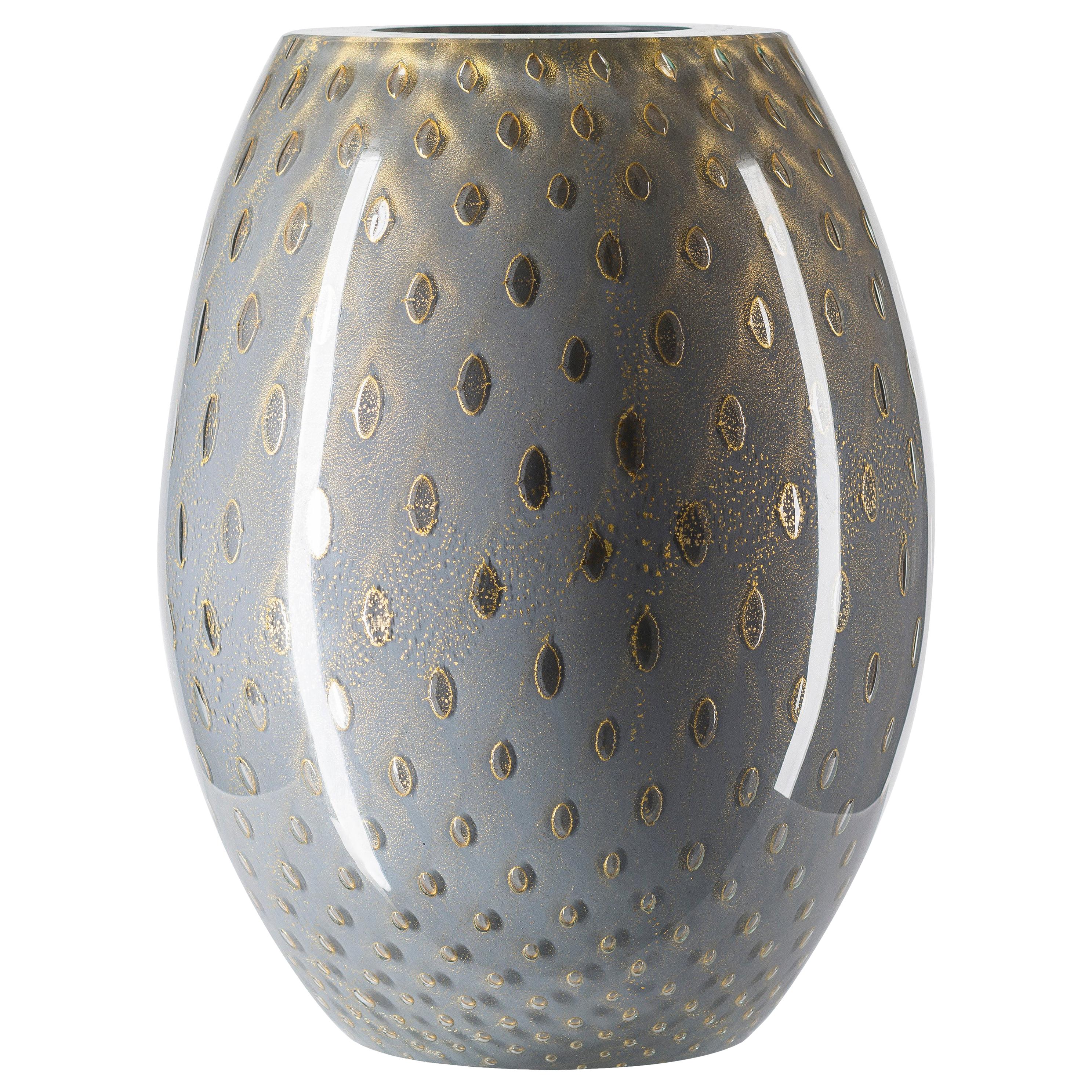 Vase ovale Mocenigo, verre de Murano, or 24 carats et gris, Italie