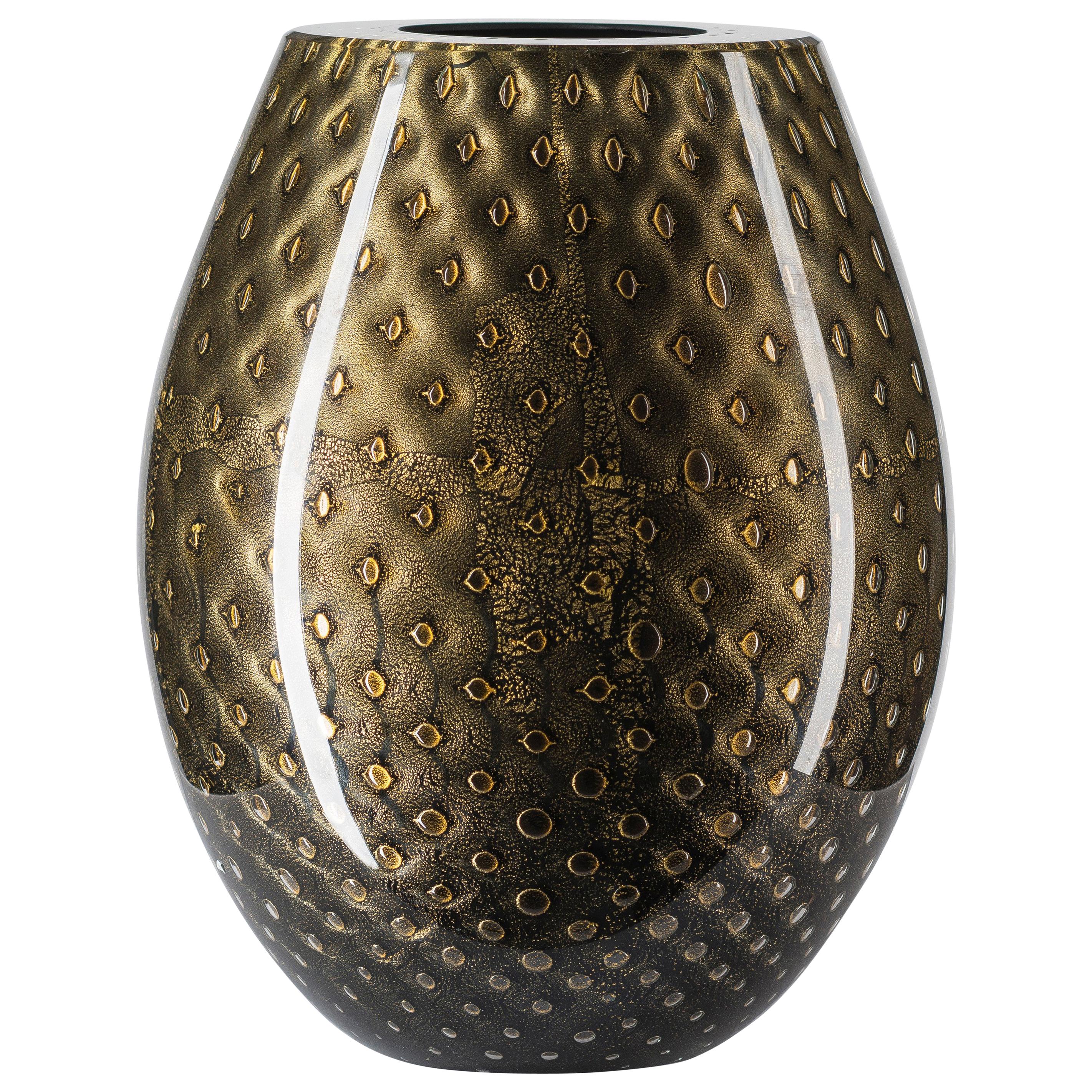 Oval Vase Mocenigo, Muranese Glass, Gold 24-Karat and Black, Italy