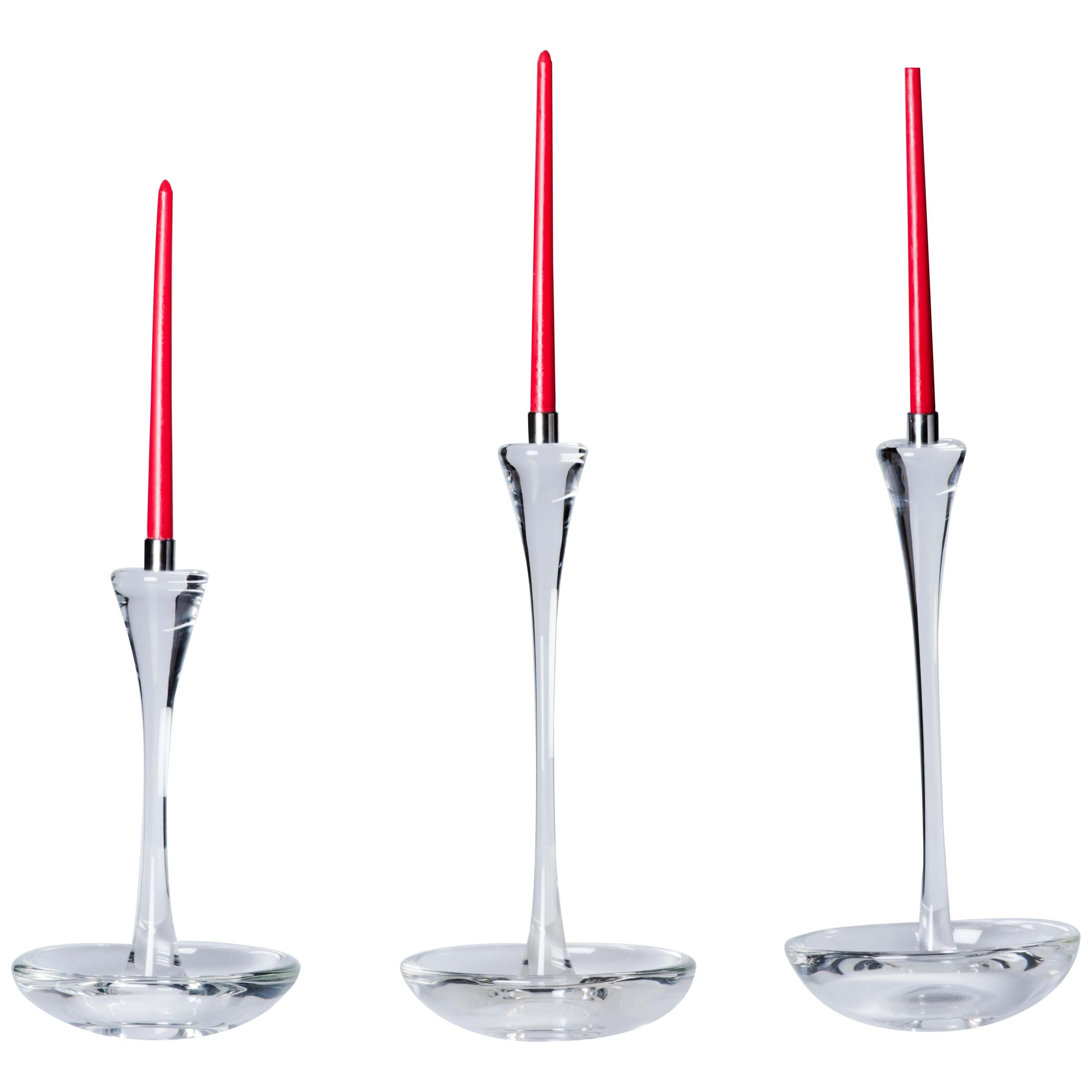 Moshe Bursuker Set of 3 Clear Glass Candleholders, 2024 For Sale