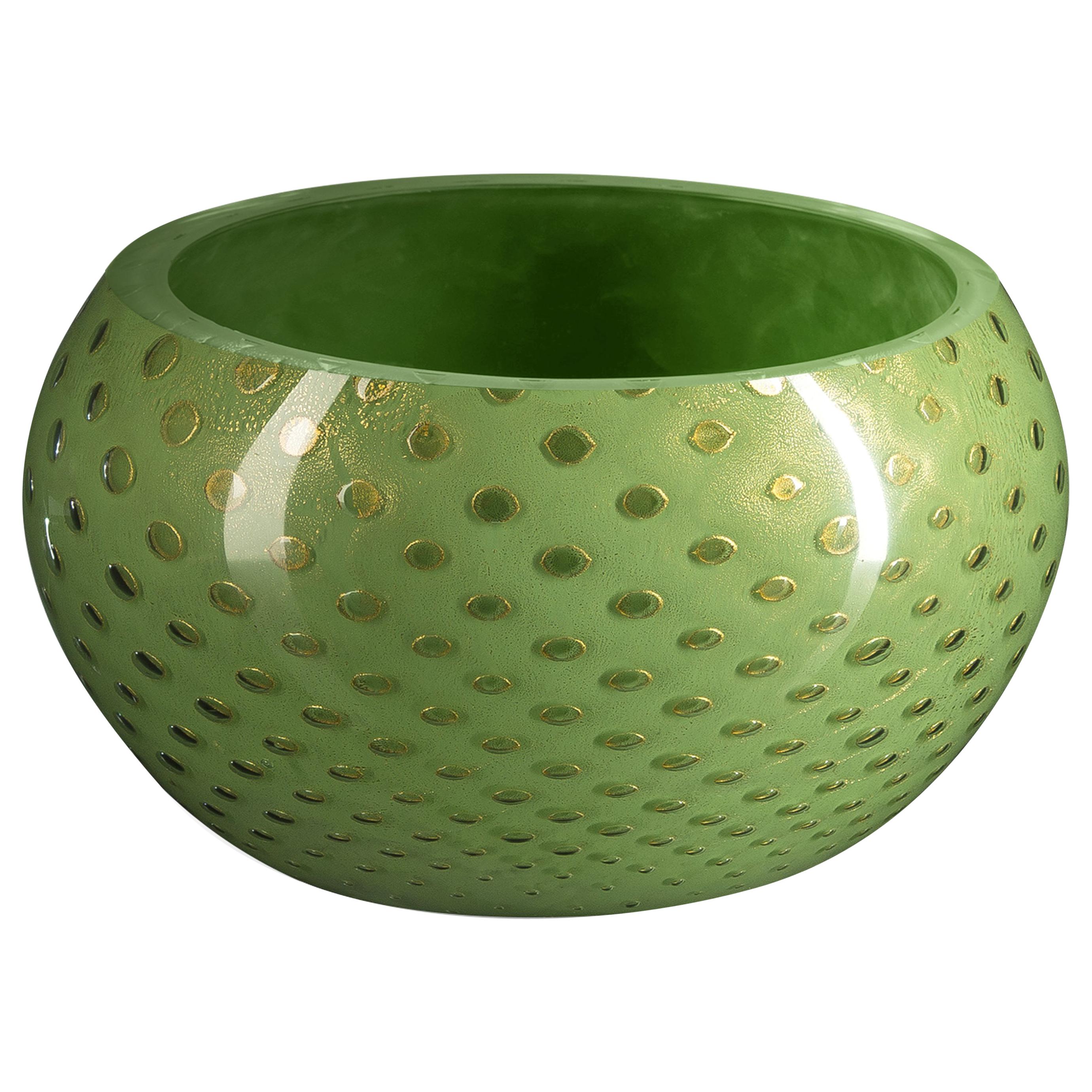 Bowl Mocenigo, Muranese Glass, Gold 24-Karat and Light Green, Italy For Sale