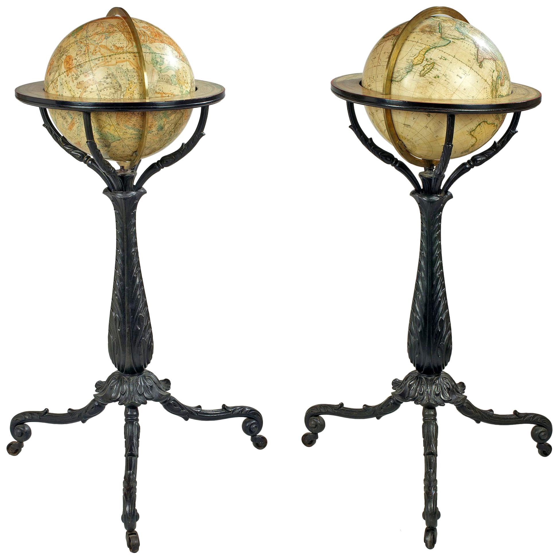 Pair of American Globes on Cast Iron Stands For Sale