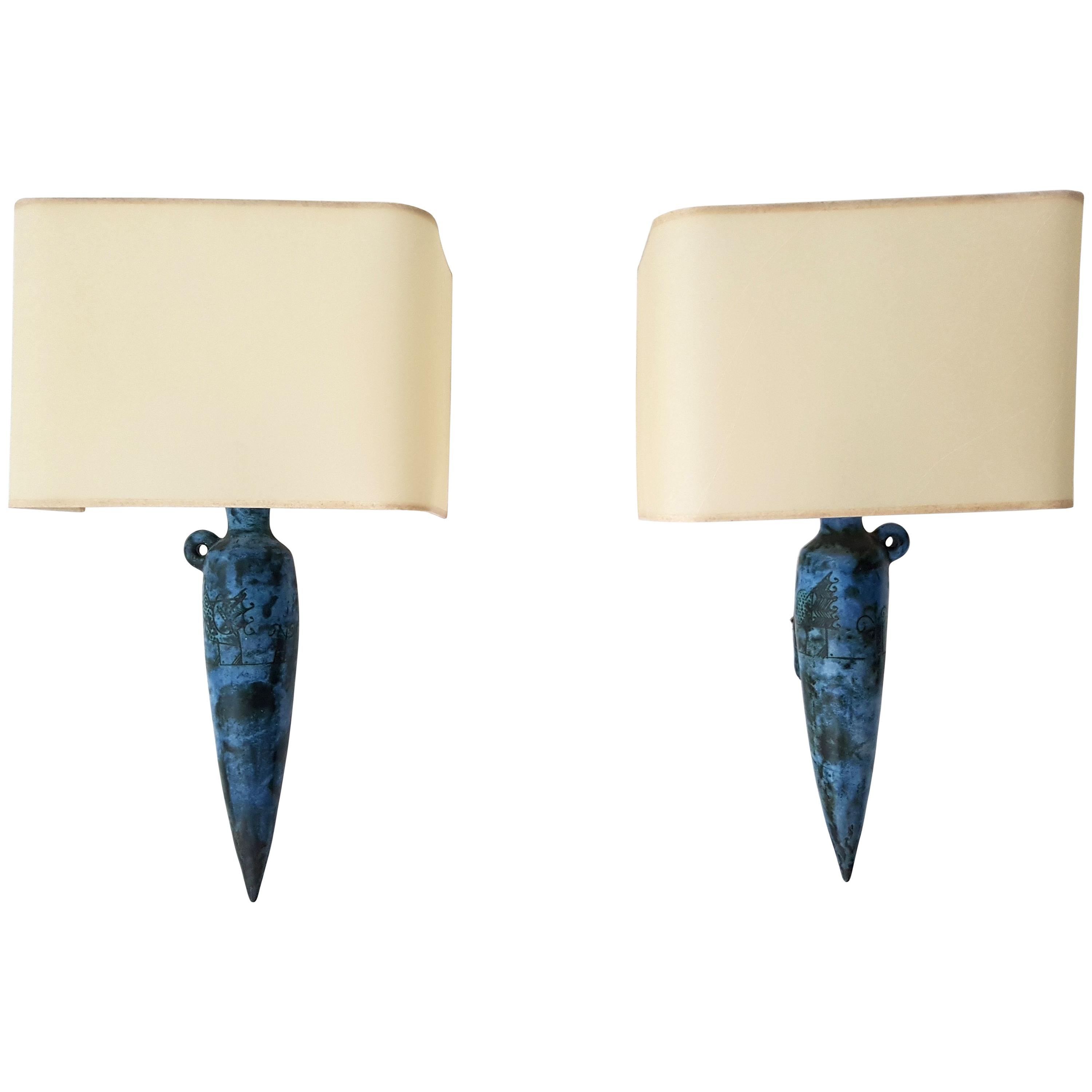 Pair of French Blue Ceramic Wallights by Jacques Blin