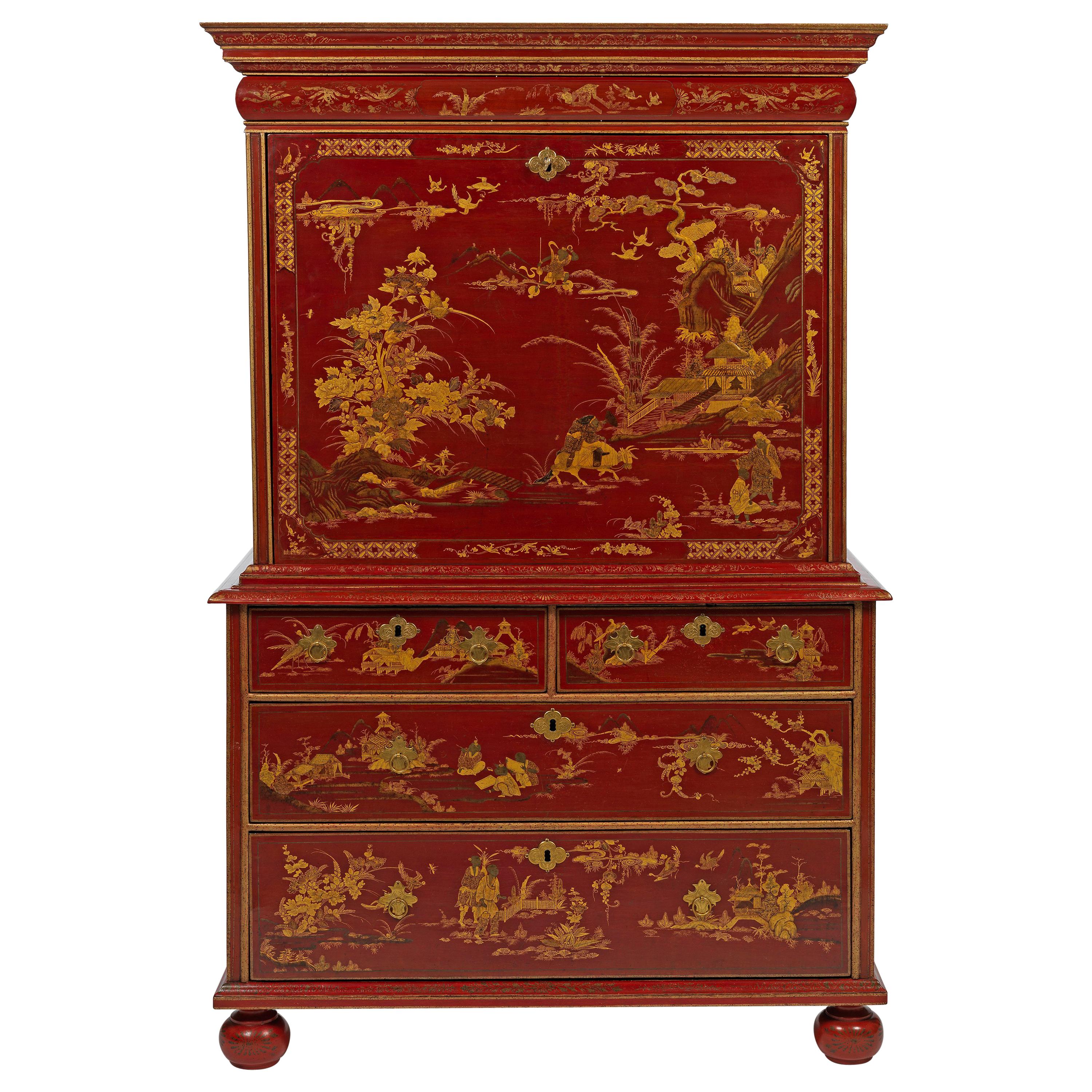 Magnificent William and Mary Red Lacquer and Gilt Secretaire on Chest For Sale