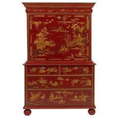 Magnificent William and Mary Red Lacquer and Gilt Secretaire on Chest