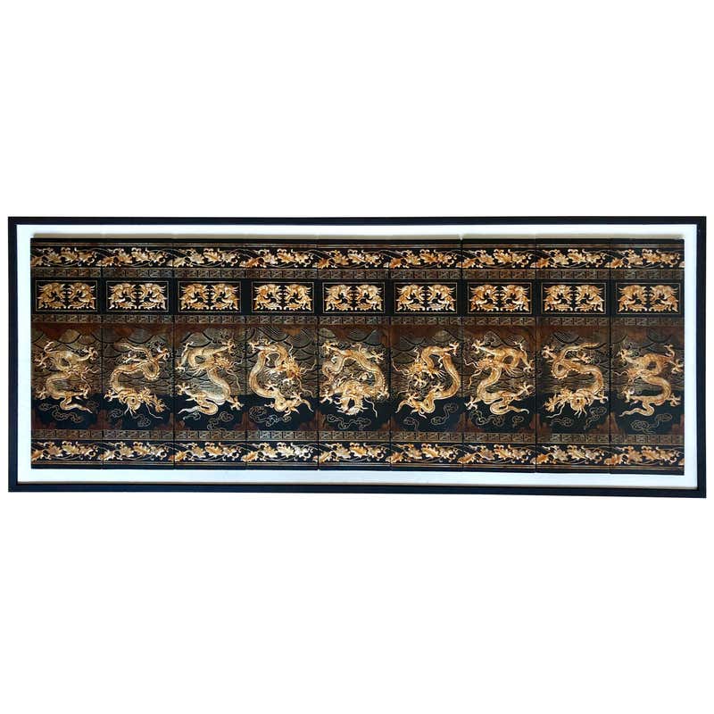 Set of 9 Hand Painted Lacquered Chinese Gold Dragon Wall Panels For ...