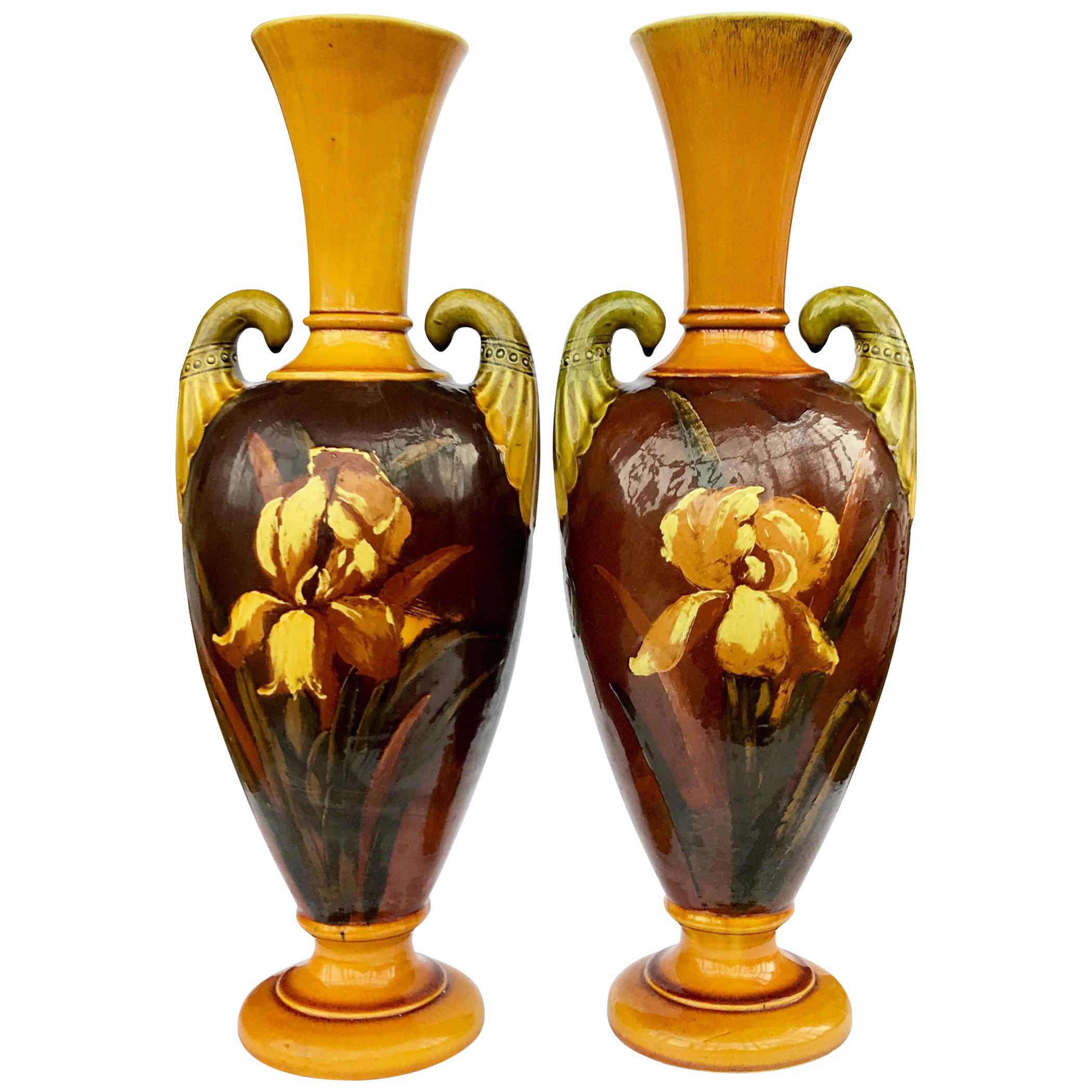 Pair of 19th Century Arts & Crafts Majolica Bretby Irises Vases