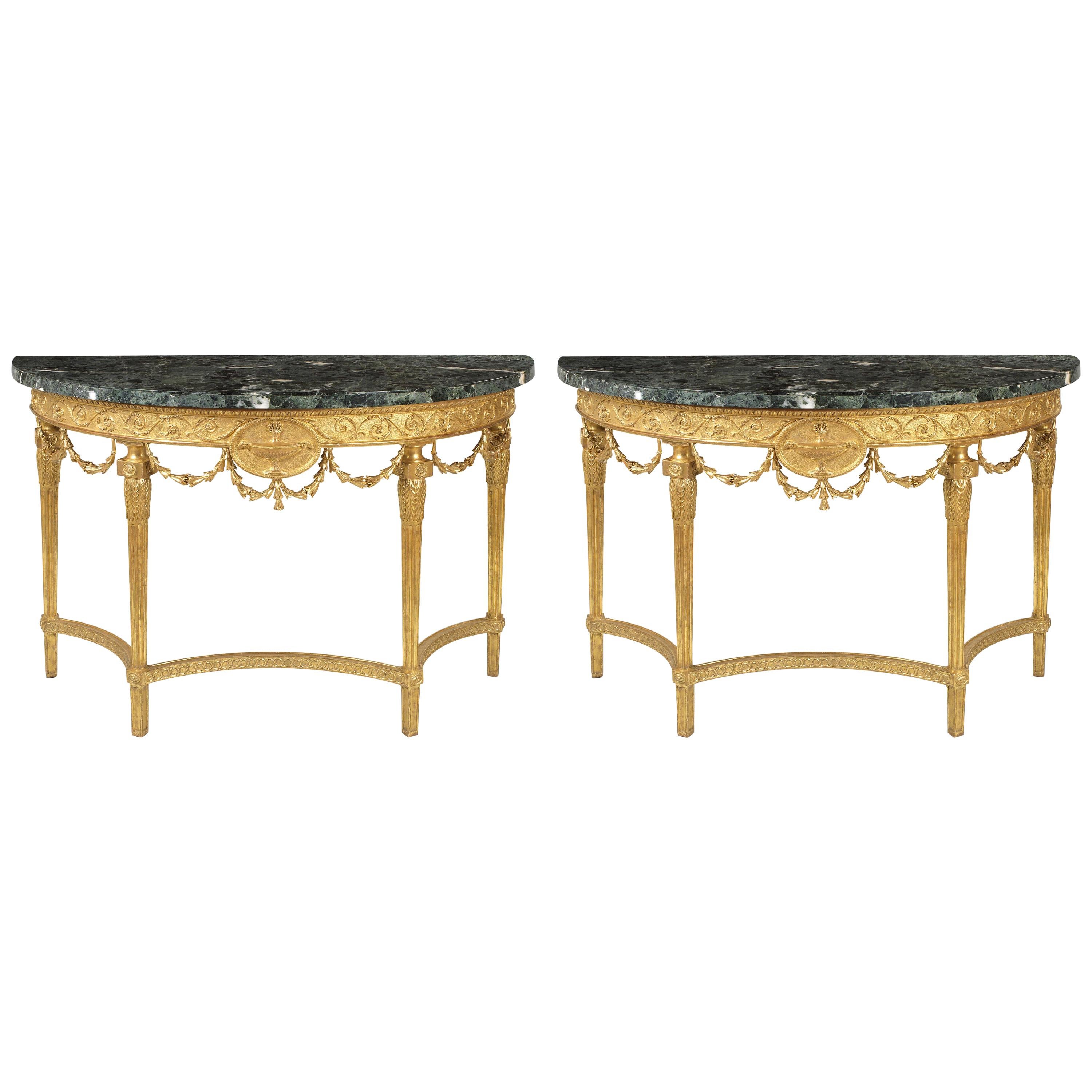 Fine Pair of George III Giltwood Marble Demilune Pier Tables For Sale