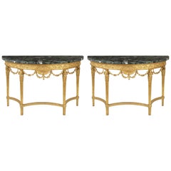 Used Fine Pair of George III Giltwood Marble Demilune Pier Tables