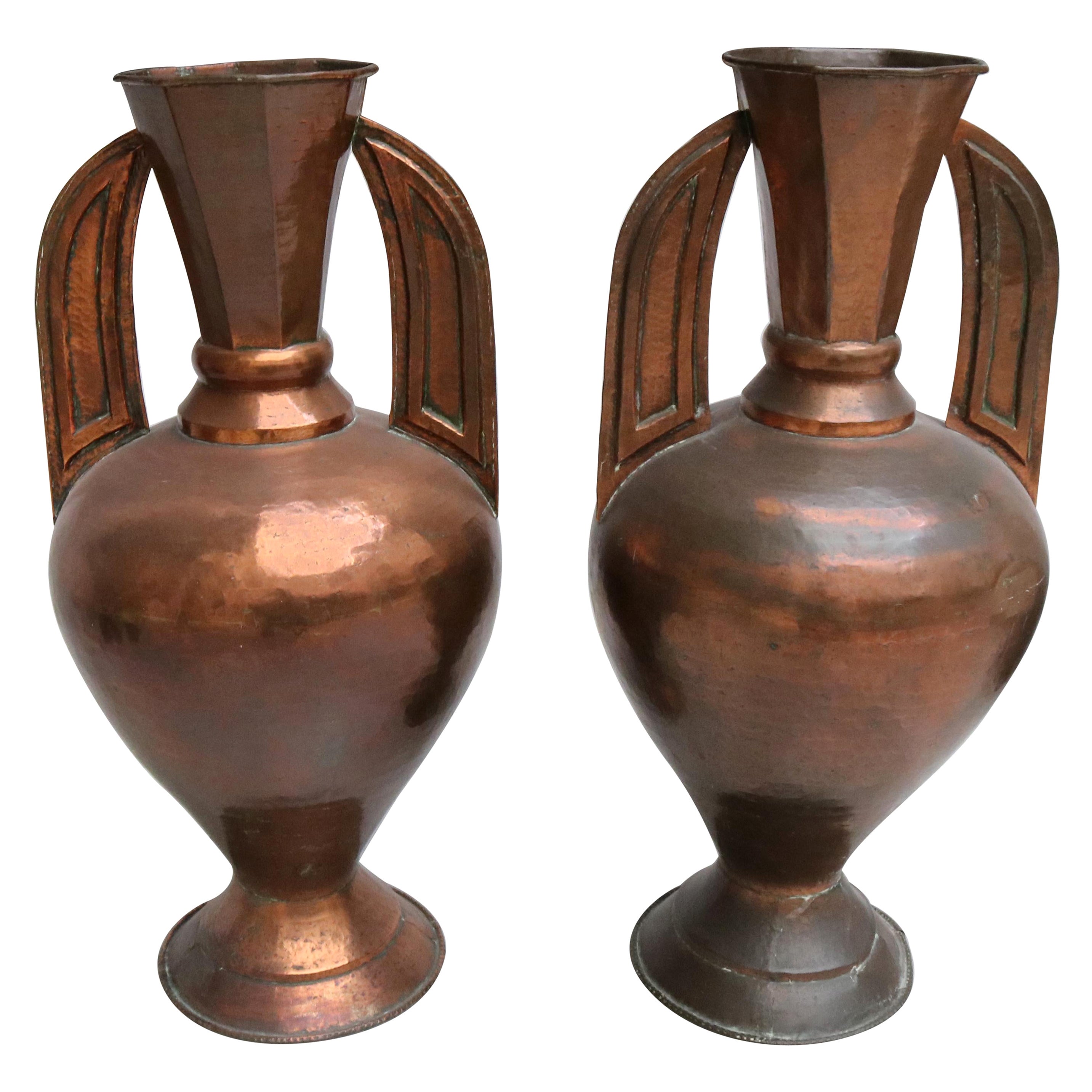 1950 Pair of Spanish "Alhambra" Style Copper Vases with Handles For Sale