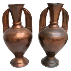 1950 Pair of Spanish "Alhambra" Style Copper Vases with Handles