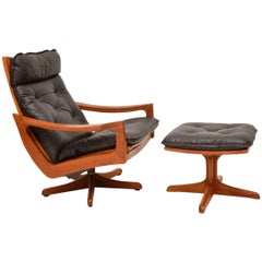 Vintage 1970s Leather and Teak Reclining Armchair and Stool by Lied Mobler