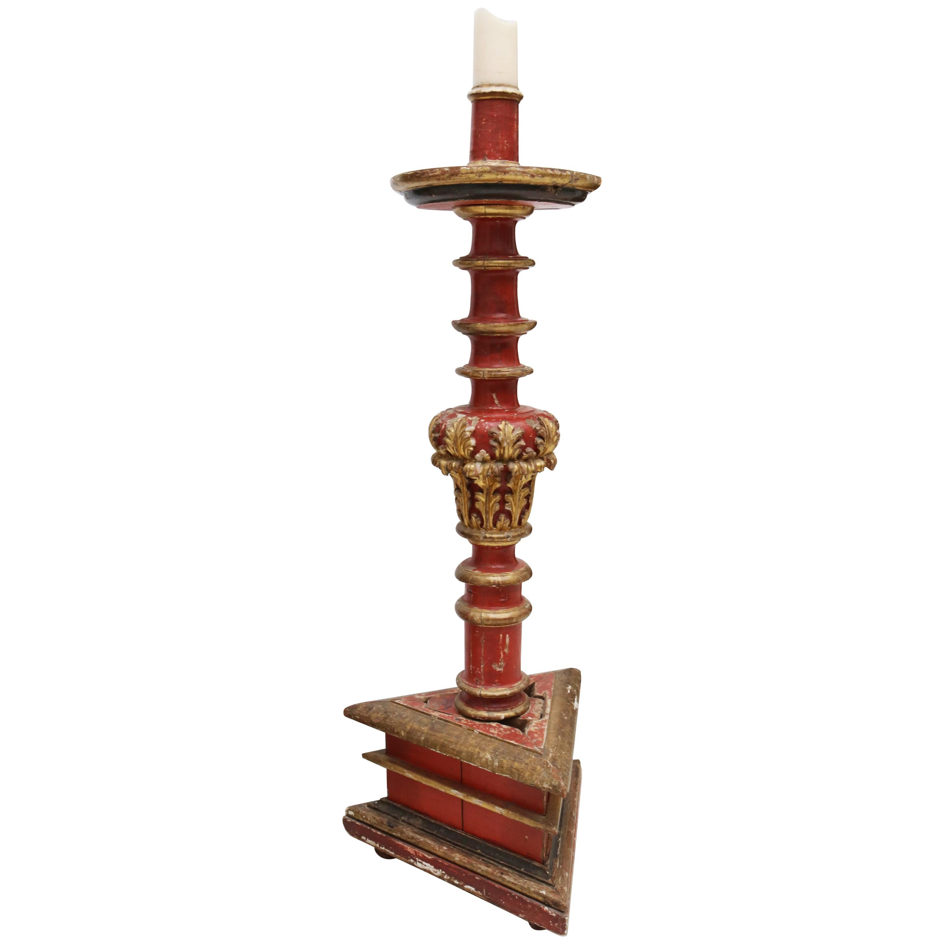 17th Century Large Spanish Gold Gilded and Red Painted Wooden Pricket Stick For Sale