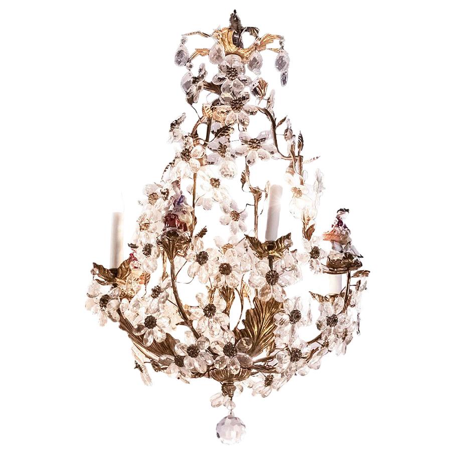 Capodimonte, Cage Chandelier in Crystal and Porcelain Characters, circa 1900