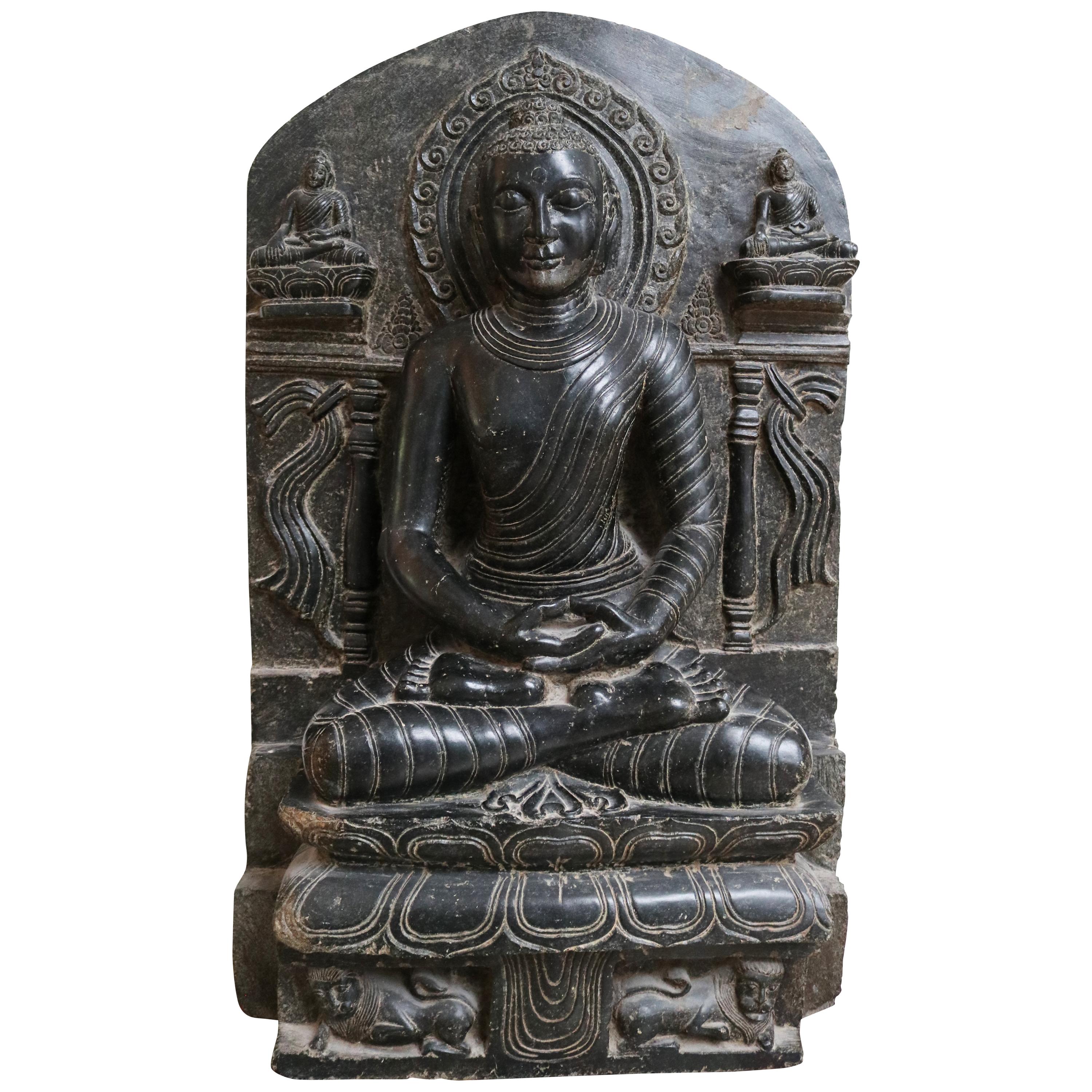 1980s Hand Carved Black Marble Buddha Sculpture