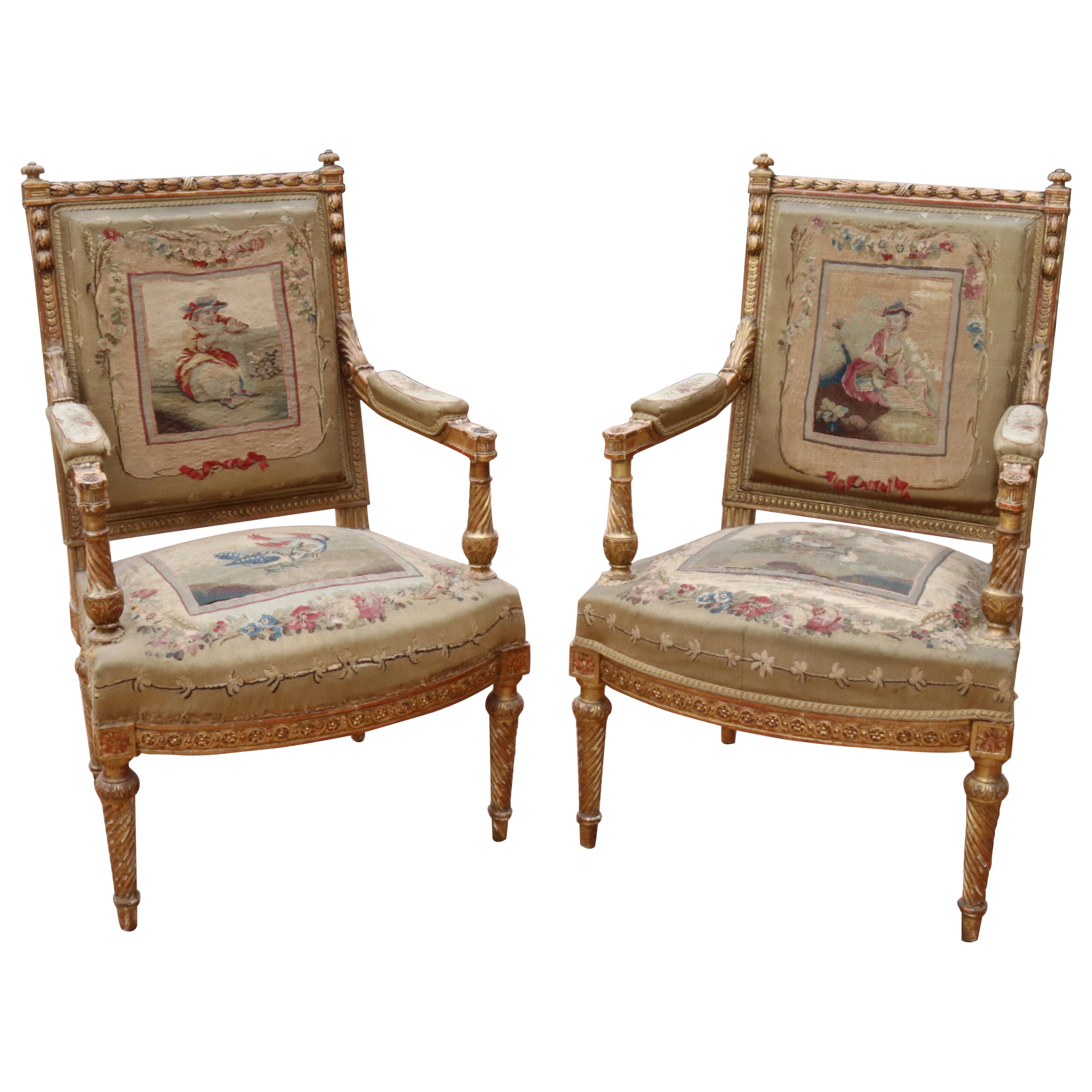 18th Century Pair of French Aubusson Armchairs with Gilded Wooden Frames