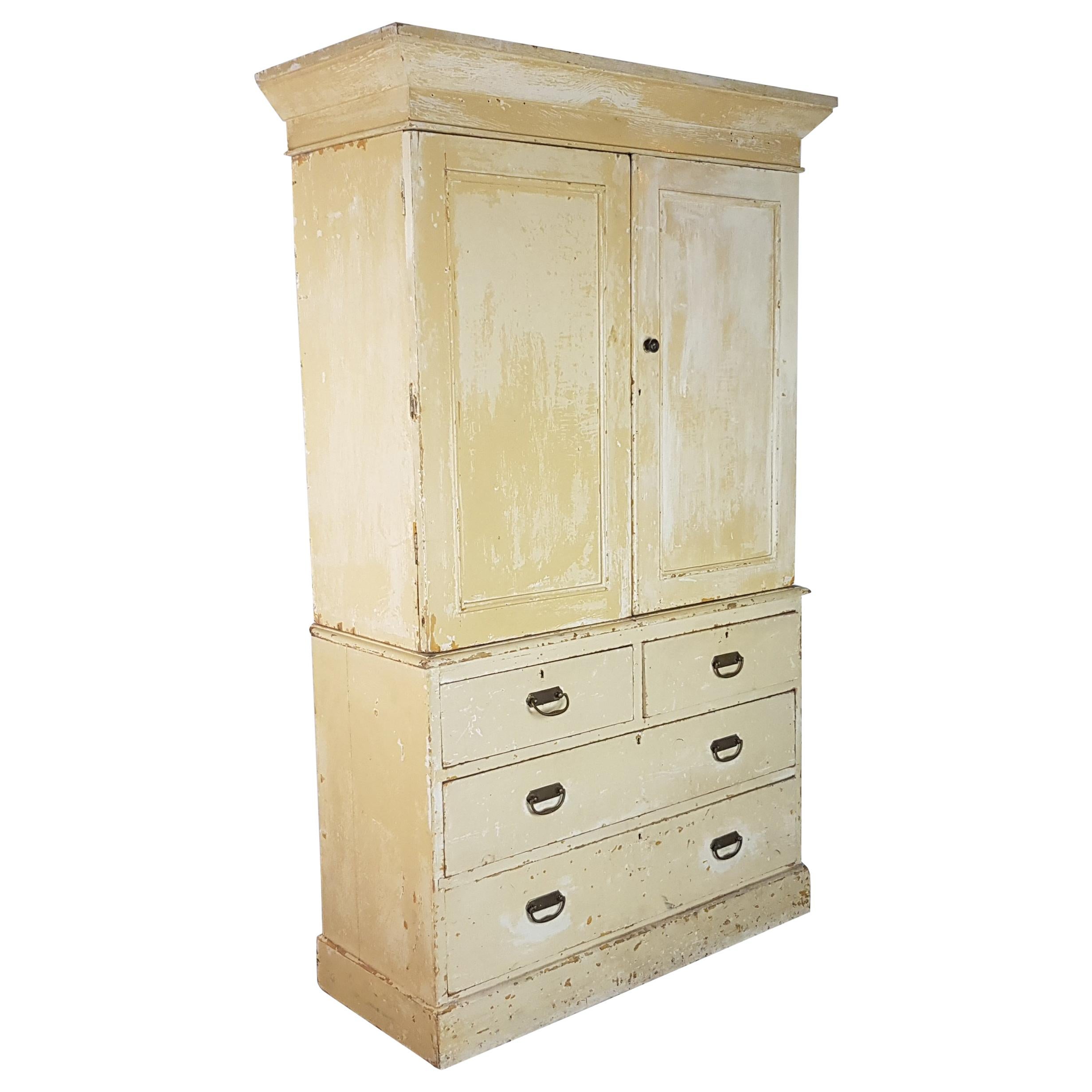 Early 20th Century French Painted Pine Linen Cupboard