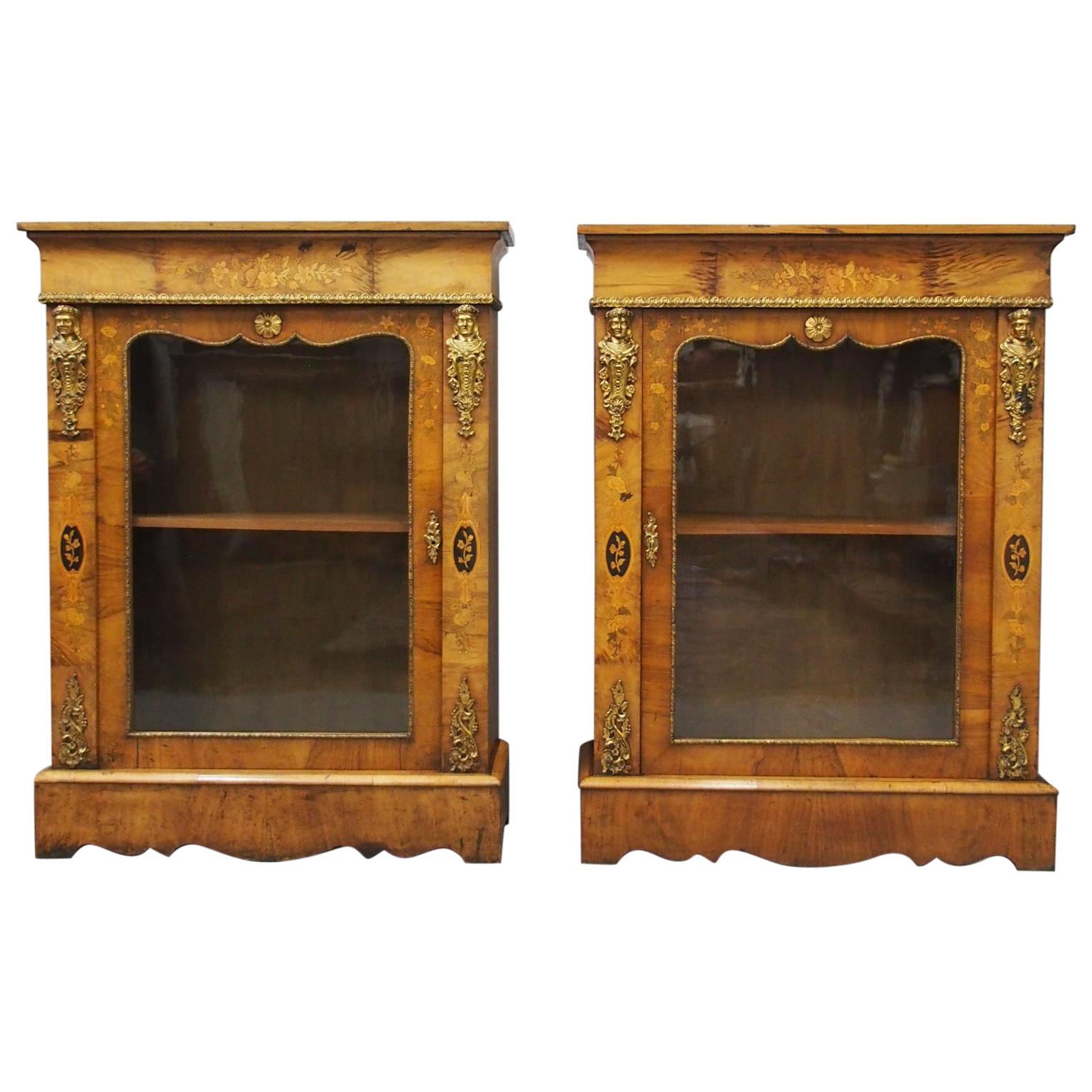 Pair of Victorian Walnut Marquetry Inlaid Pier Cabinets For Sale